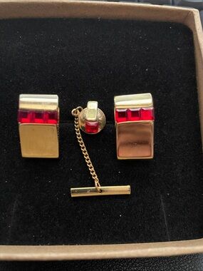 Vintage  Gold Tone Cufflinks with Reds stones and matching tie tack